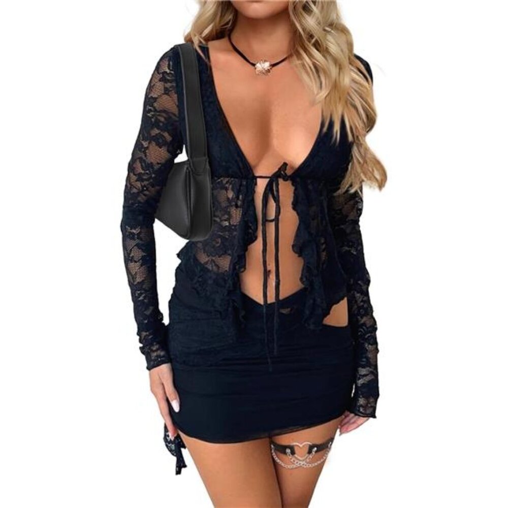 New 2 Piece Outfits for Women Floral Lace Open Front Tie Up Long Sleeve Crop